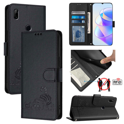 Huawei Enjoy 10 Plus Leather Phone Case with Cat and Rat Embossed Pattern, RFID Protection, Card Holder Slots, Anti-fall Feature & Lanyard