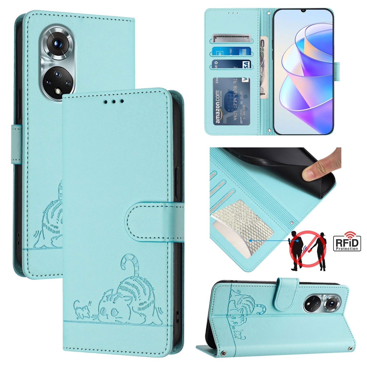 Huawei nova 9 Leather Phone Case with Cat and Rat Embossed Pattern, RFID Protection, Card Holder Slots, Anti-fall Feature & Lanyard