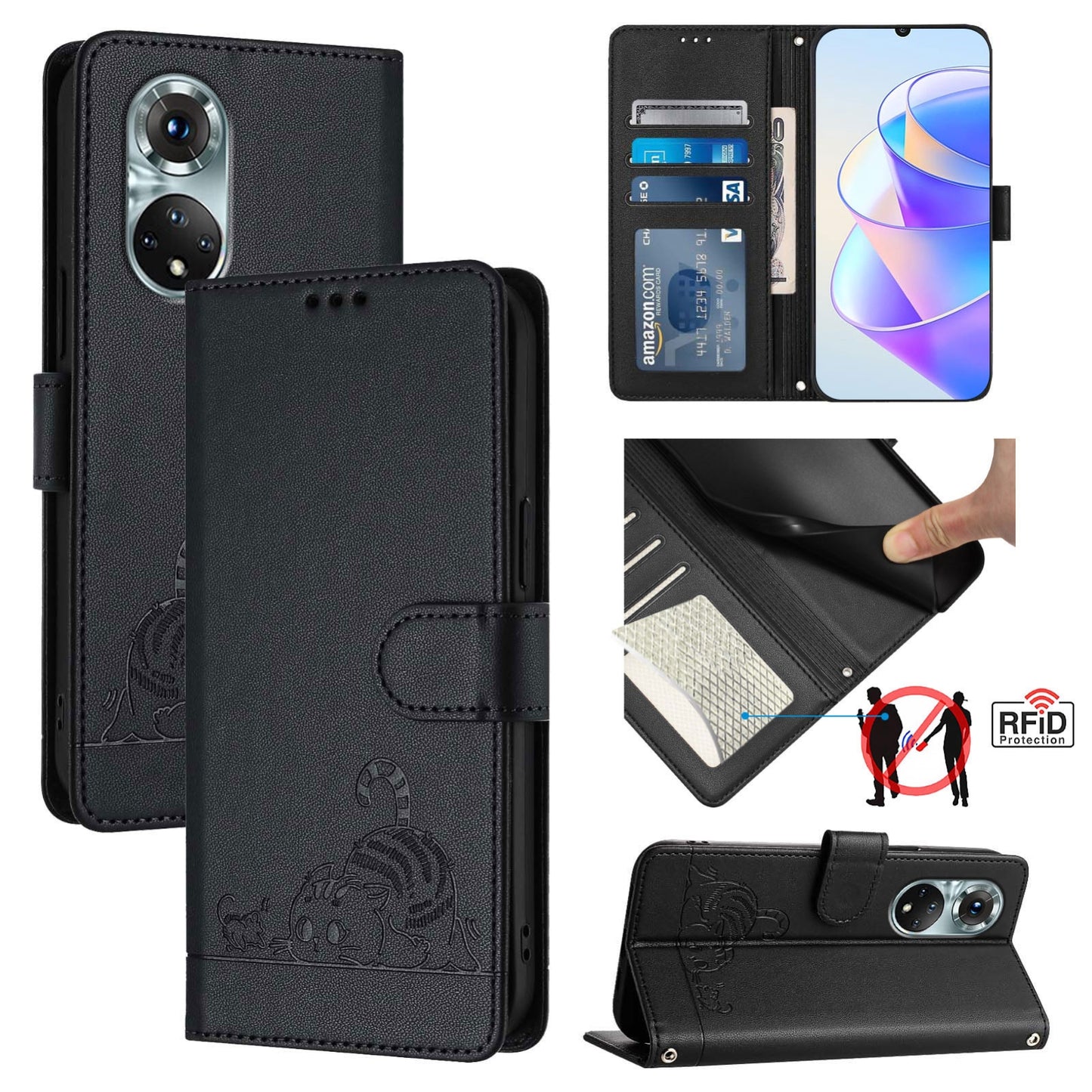 Huawei nova 9 Leather Phone Case with Cat and Rat Embossed Pattern, RFID Protection, Card Holder Slots, Anti-fall Feature & Lanyard