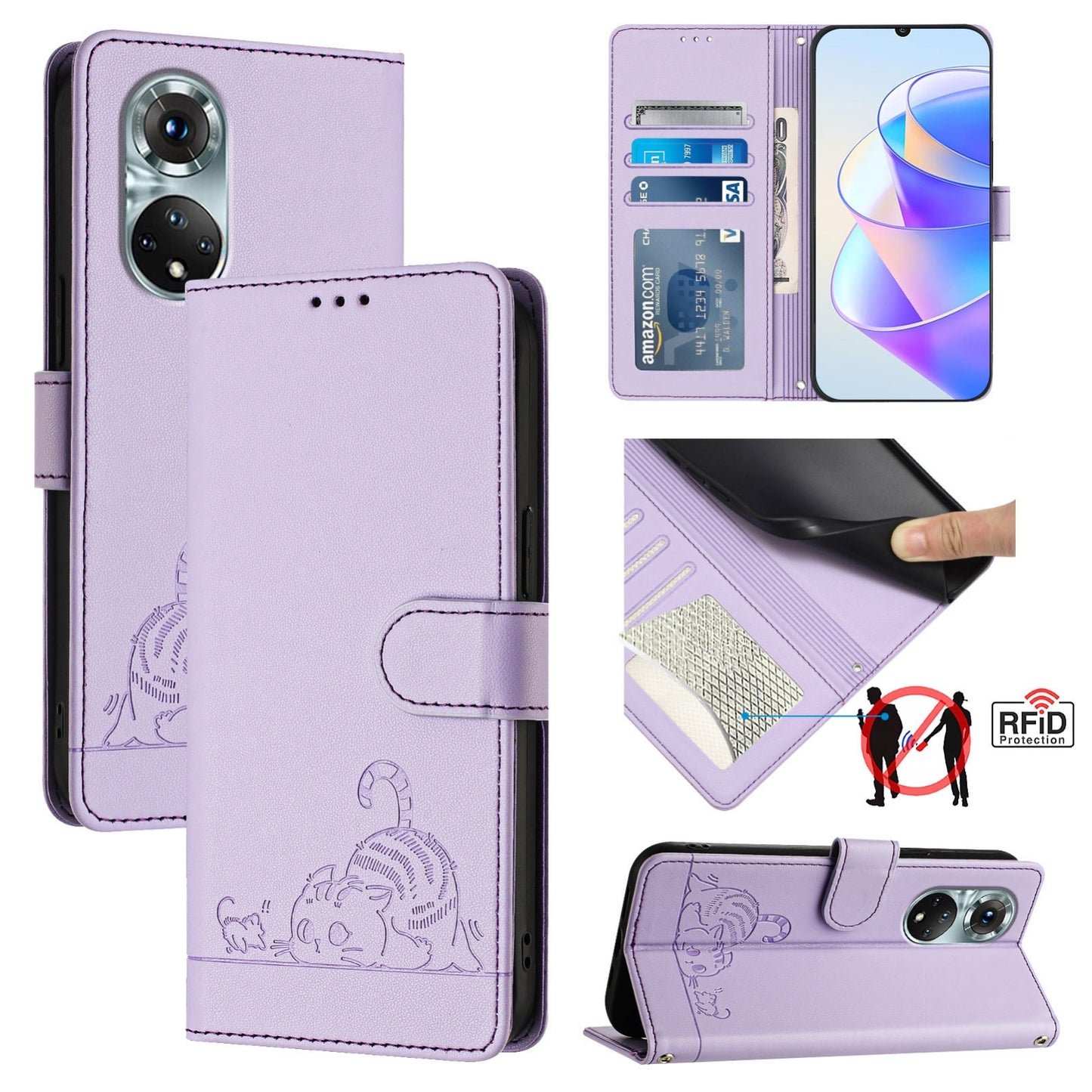 Huawei nova 9 Leather Phone Case with Cat and Rat Embossed Pattern, RFID Protection, Card Holder Slots, Anti-fall Feature & Lanyard