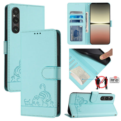 Sony Xperia 1 V 2023 Leather Phone Case with Cat and Rat Embossed Pattern, RFID Protection, Card Holder Slots, Anti-fall Feature & Lanyard