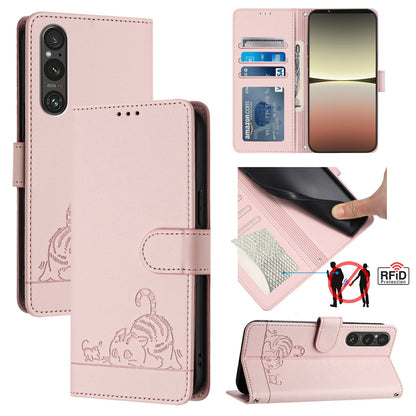 Sony Xperia 1 V 2023 Leather Phone Case with Cat and Rat Embossed Pattern, RFID Protection, Card Holder Slots, Anti-fall Feature & Lanyard