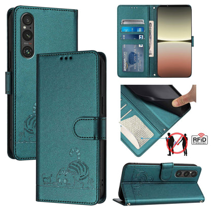 Sony Xperia 1 V 2023 Leather Phone Case with Cat and Rat Embossed Pattern, RFID Protection, Card Holder Slots, Anti-fall Feature & Lanyard
