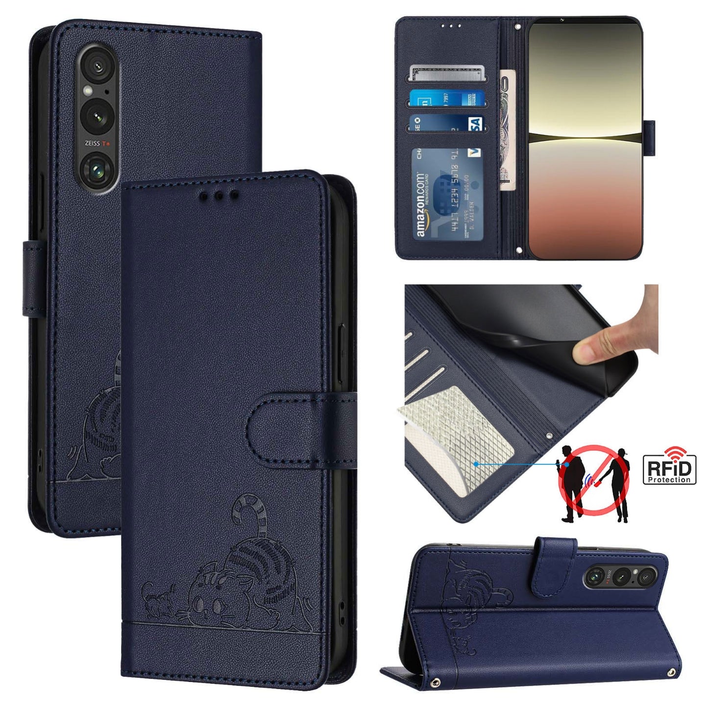 Sony Xperia 1 V 2023 Leather Phone Case with Cat and Rat Embossed Pattern, RFID Protection, Card Holder Slots, Anti-fall Feature & Lanyard