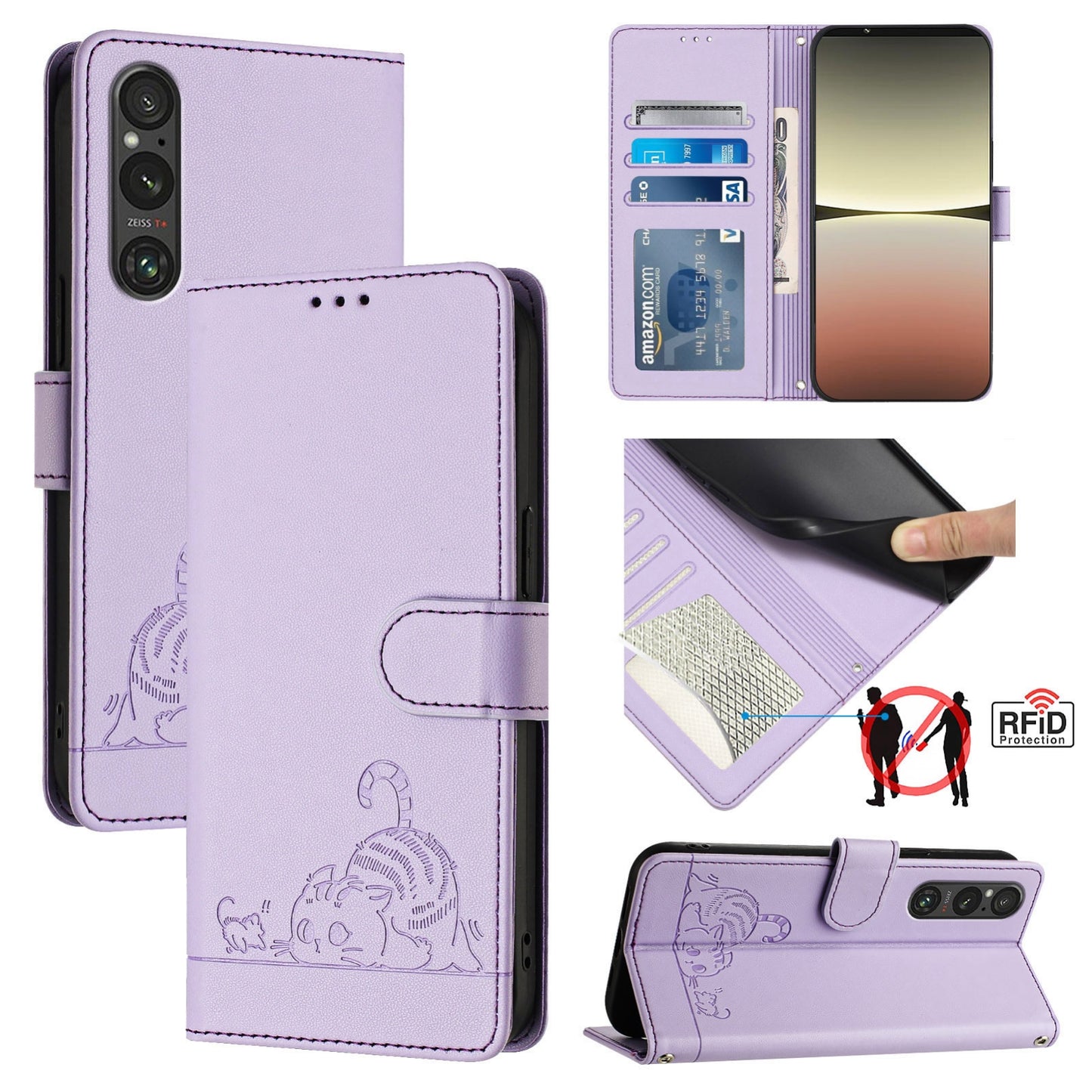 Sony Xperia 1 V 2023 Leather Phone Case with Cat and Rat Embossed Pattern, RFID Protection, Card Holder Slots, Anti-fall Feature & Lanyard