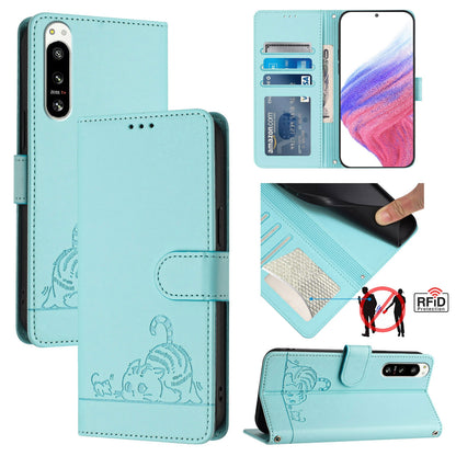 Sony Xperia 5 IV Leather Phone Case with Cat and Rat Embossed Pattern, RFID Protection, Card Holder Slots, Anti-fall Feature & Lanyard