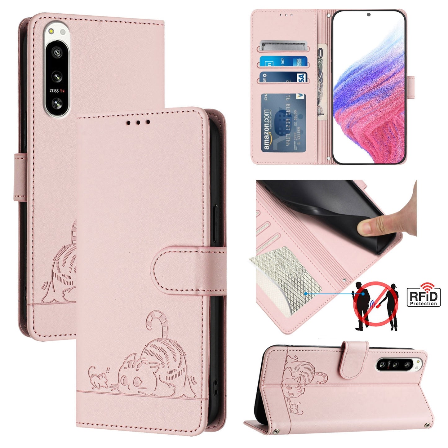 Sony Xperia 5 IV Leather Phone Case with Cat and Rat Embossed Pattern, RFID Protection, Card Holder Slots, Anti-fall Feature & Lanyard