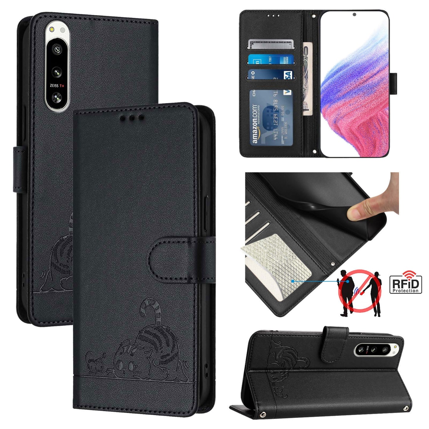 Sony Xperia 5 IV Leather Phone Case with Cat and Rat Embossed Pattern, RFID Protection, Card Holder Slots, Anti-fall Feature & Lanyard