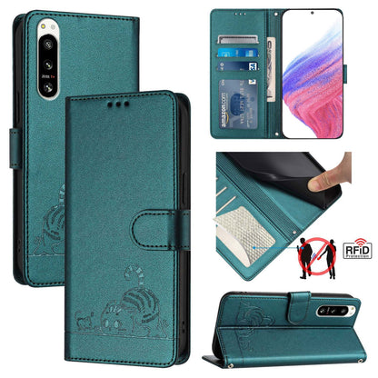 Sony Xperia 5 IV Leather Phone Case with Cat and Rat Embossed Pattern, RFID Protection, Card Holder Slots, Anti-fall Feature & Lanyard