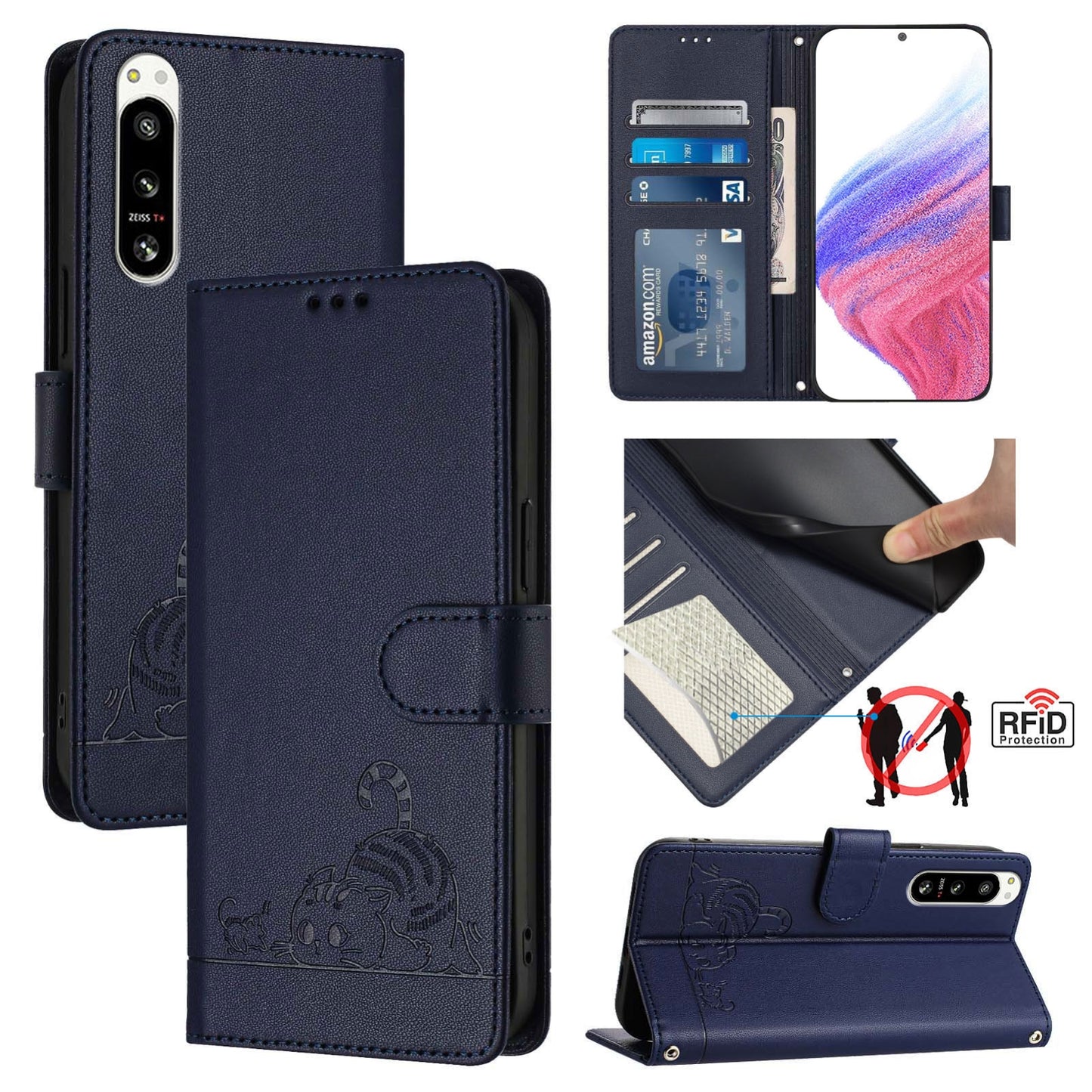 Sony Xperia 5 IV Leather Phone Case with Cat and Rat Embossed Pattern, RFID Protection, Card Holder Slots, Anti-fall Feature & Lanyard