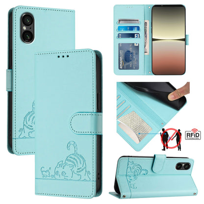 Sony Xperia 5 V 2023 Leather Phone Case with Cat and Rat Embossed Pattern, RFID Protection, Card Holder Slots, Anti-fall Feature & Lanyard