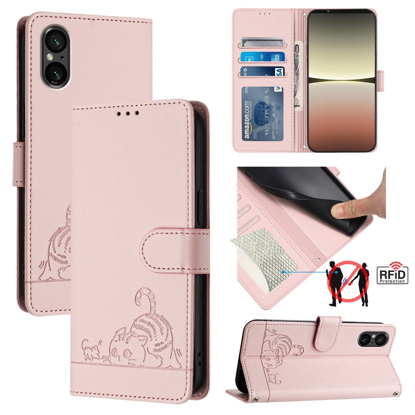 Sony Xperia 5 V 2023 Leather Phone Case with Cat and Rat Embossed Pattern, RFID Protection, Card Holder Slots, Anti-fall Feature & Lanyard