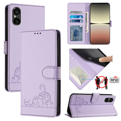 Sony Xperia 5 V 2023 Leather Phone Case with Cat and Rat Embossed Pattern, RFID Protection, Card Holder Slots, Anti-fall Feature & Lanyard