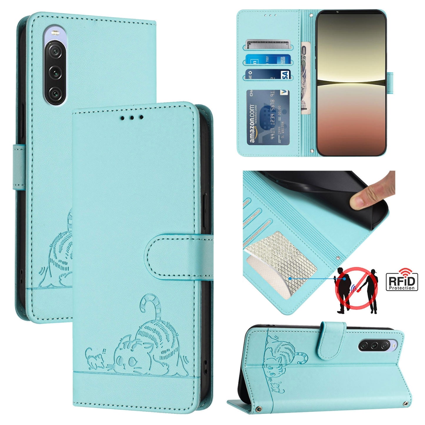 Sony Xperia 10 V 2023 Leather Phone Case with Cat and Rat Embossed Pattern, RFID Protection, Card Holder Slots, Anti-fall Feature & Lanyard
