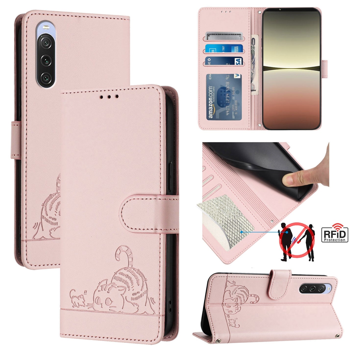 Sony Xperia 10 V 2023 Leather Phone Case with Cat and Rat Embossed Pattern, RFID Protection, Card Holder Slots, Anti-fall Feature & Lanyard