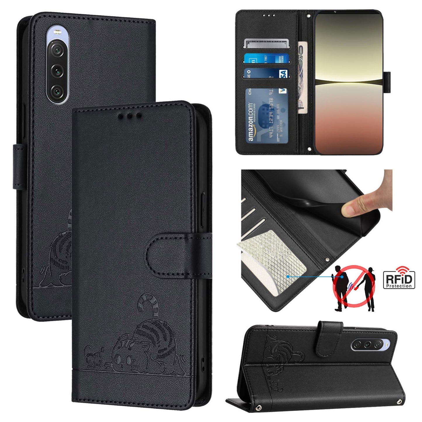 Sony Xperia 10 V 2023 Leather Phone Case with Cat and Rat Embossed Pattern, RFID Protection, Card Holder Slots, Anti-fall Feature & Lanyard
