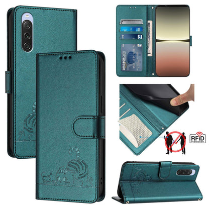 Sony Xperia 10 V 2023 Leather Phone Case with Cat and Rat Embossed Pattern, RFID Protection, Card Holder Slots, Anti-fall Feature & Lanyard