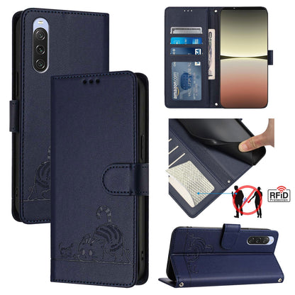 Sony Xperia 10 V 2023 Leather Phone Case with Cat and Rat Embossed Pattern, RFID Protection, Card Holder Slots, Anti-fall Feature & Lanyard