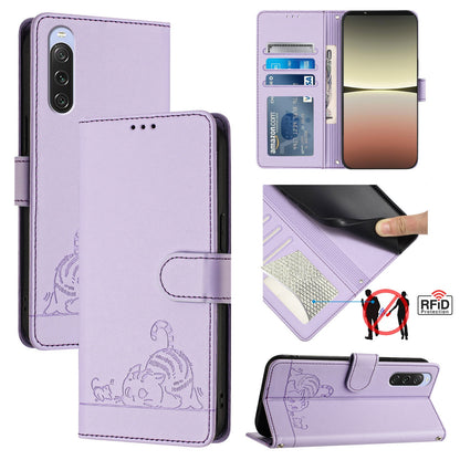 Sony Xperia 10 V 2023 Leather Phone Case with Cat and Rat Embossed Pattern, RFID Protection, Card Holder Slots, Anti-fall Feature & Lanyard