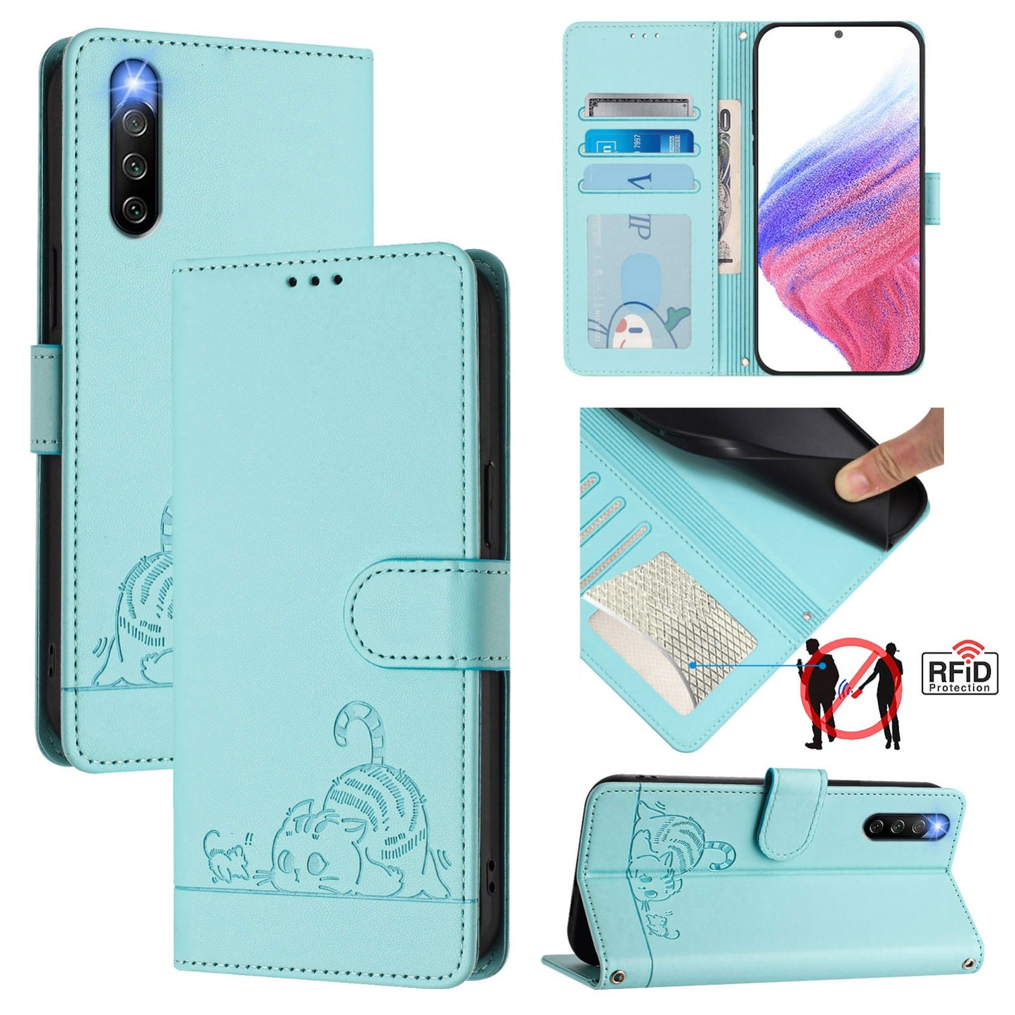 Sony Xperia 10 IV Leather Phone Case with Cat and Rat Embossed Pattern, RFID Protection, Card Holder Slots, Anti-fall Feature & Lanyard