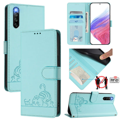 Sony Xperia 10 IV Leather Phone Case with Cat and Rat Embossed Pattern, RFID Protection, Card Holder Slots, Anti-fall Feature & Lanyard