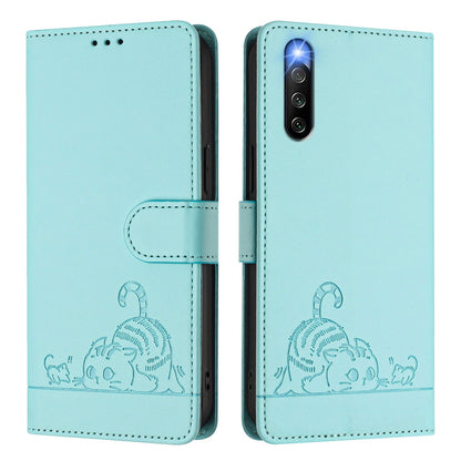 Sony Xperia 10 IV Leather Phone Case with Cat and Rat Embossed Pattern, RFID Protection, Card Holder Slots, Anti-fall Feature & Lanyard