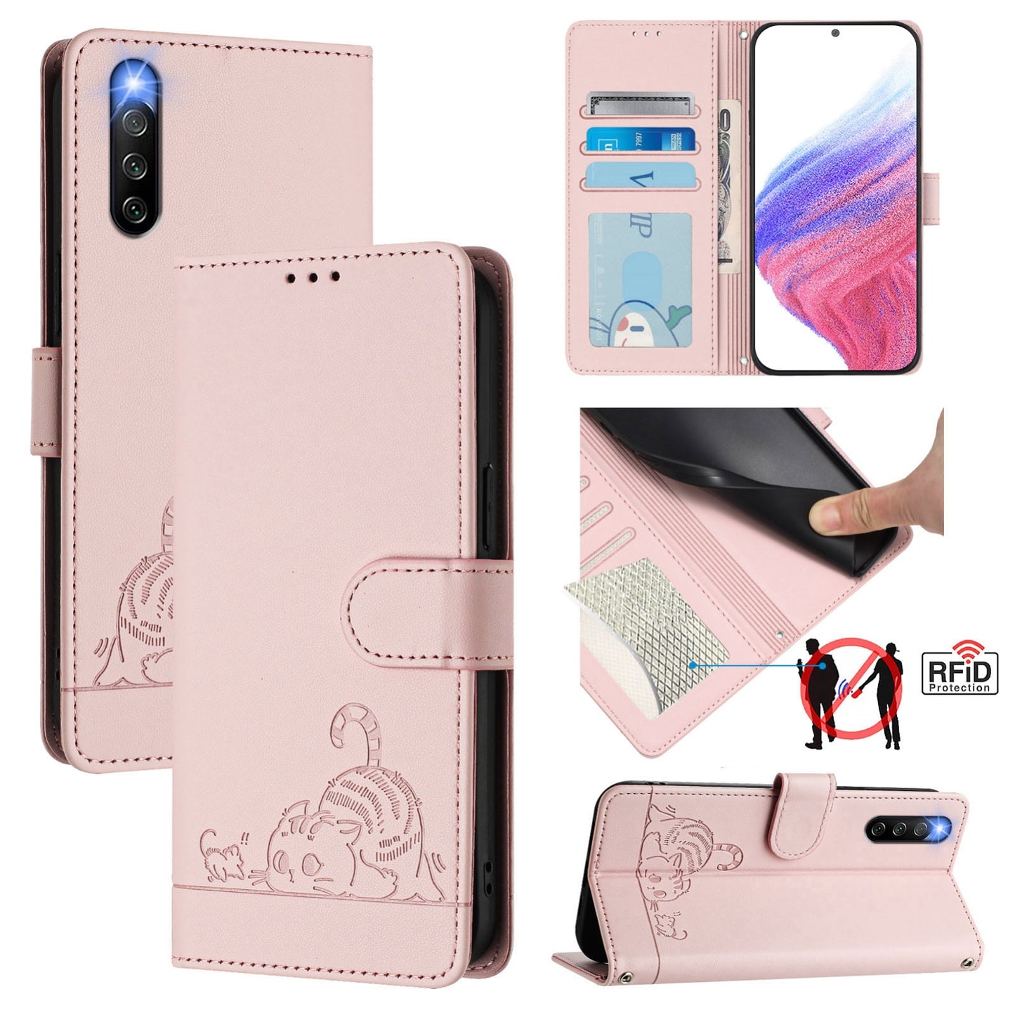 Sony Xperia 10 IV Leather Phone Case with Cat and Rat Embossed Pattern, RFID Protection, Card Holder Slots, Anti-fall Feature & Lanyard