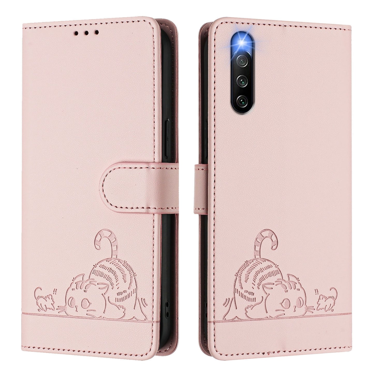 Sony Xperia 10 IV Leather Phone Case with Cat and Rat Embossed Pattern, RFID Protection, Card Holder Slots, Anti-fall Feature & Lanyard