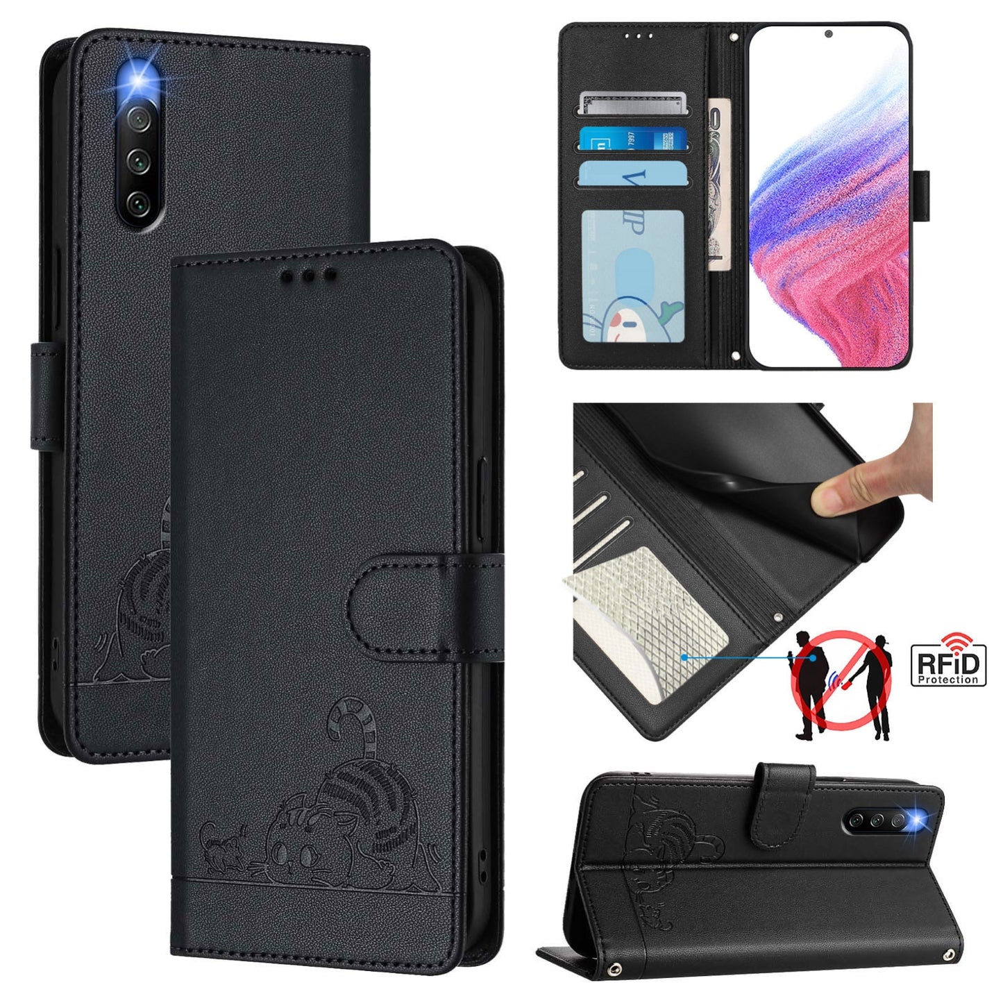 Sony Xperia 10 IV Leather Phone Case with Cat and Rat Embossed Pattern, RFID Protection, Card Holder Slots, Anti-fall Feature & Lanyard