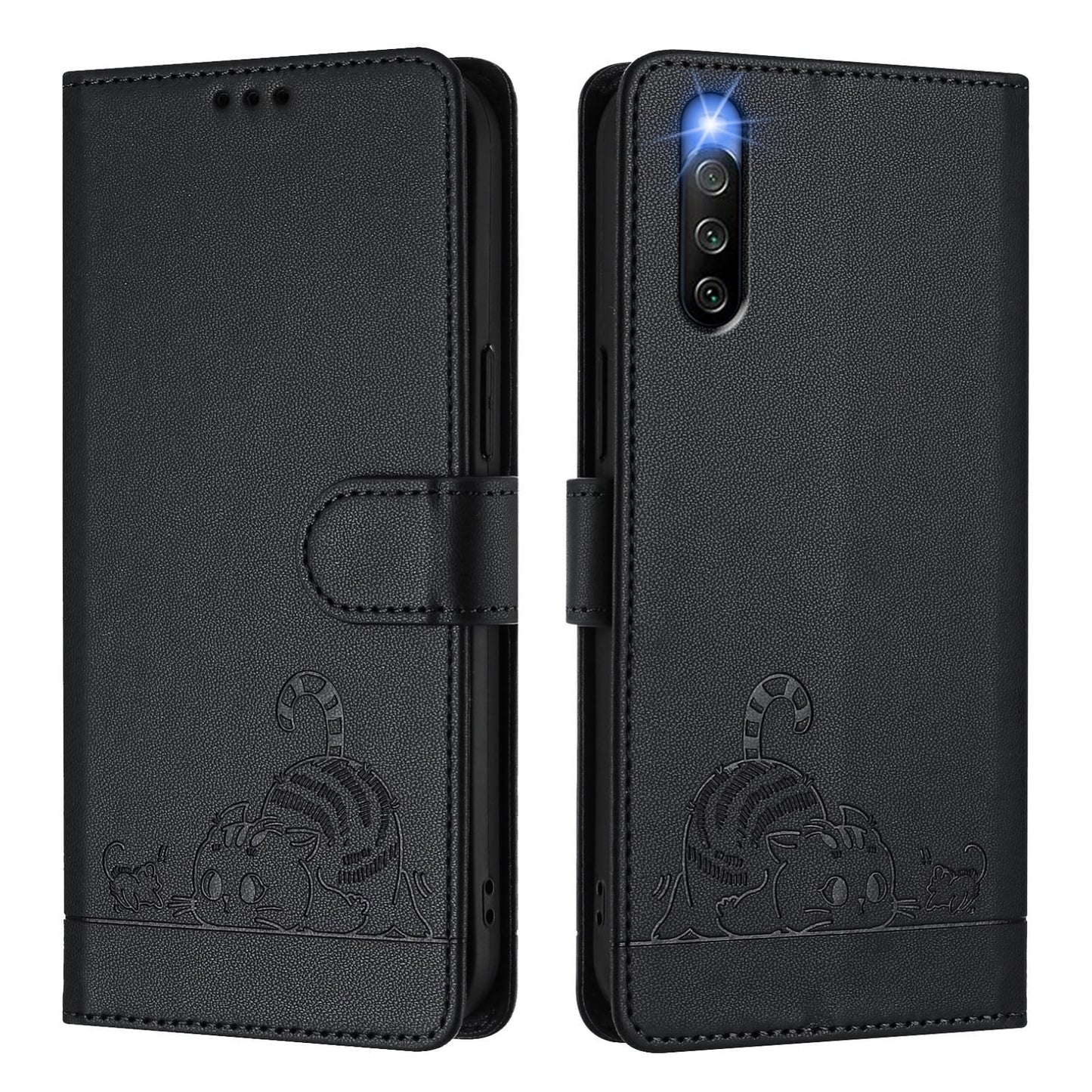 Sony Xperia 10 IV Leather Phone Case with Cat and Rat Embossed Pattern, RFID Protection, Card Holder Slots, Anti-fall Feature & Lanyard