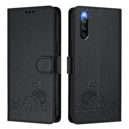 Sony Xperia 10 IV Leather Phone Case with Cat and Rat Embossed Pattern, RFID Protection, Card Holder Slots, Anti-fall Feature & Lanyard