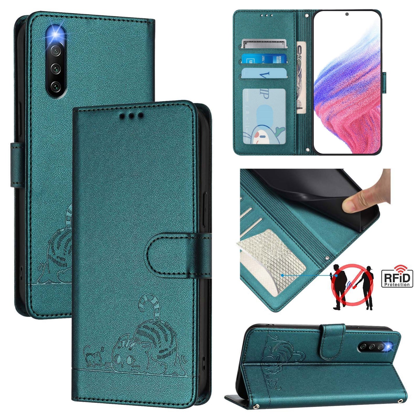 Sony Xperia 10 IV Leather Phone Case with Cat and Rat Embossed Pattern, RFID Protection, Card Holder Slots, Anti-fall Feature & Lanyard