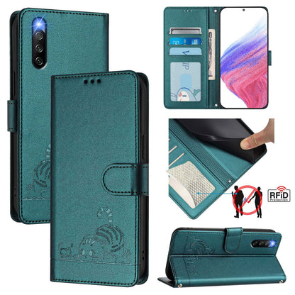 Sony Xperia 10 IV Leather Phone Case with Cat and Rat Embossed Pattern, RFID Protection, Card Holder Slots, Anti-fall Feature & Lanyard