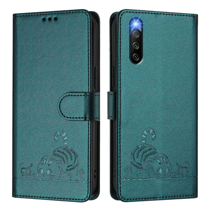 Sony Xperia 10 IV Leather Phone Case with Cat and Rat Embossed Pattern, RFID Protection, Card Holder Slots, Anti-fall Feature & Lanyard