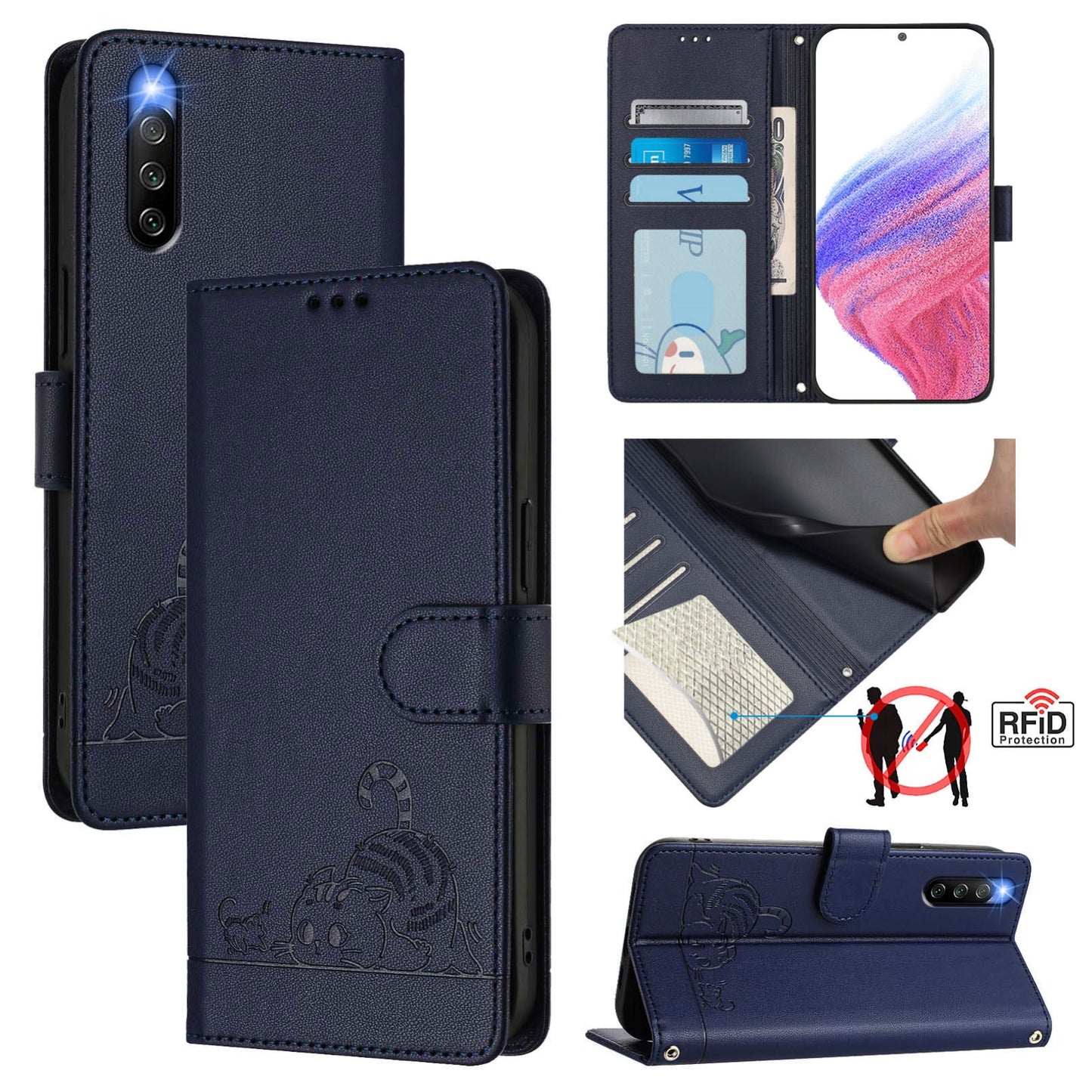 Sony Xperia 10 IV Leather Phone Case with Cat and Rat Embossed Pattern, RFID Protection, Card Holder Slots, Anti-fall Feature & Lanyard