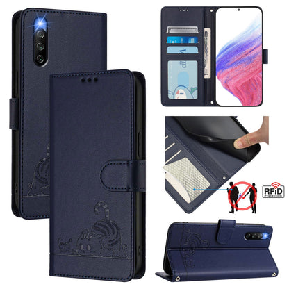 Sony Xperia 10 IV Leather Phone Case with Cat and Rat Embossed Pattern, RFID Protection, Card Holder Slots, Anti-fall Feature & Lanyard