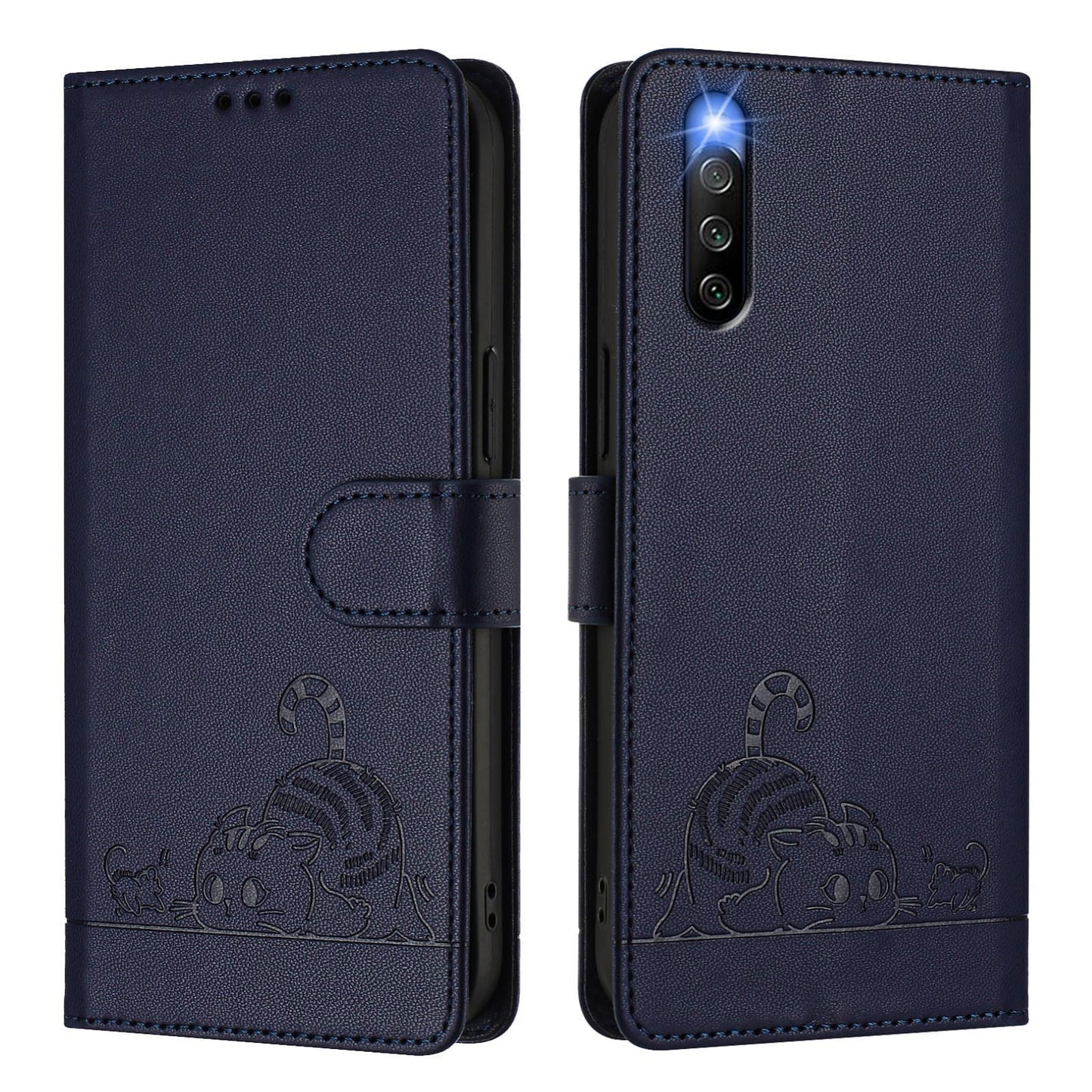 Sony Xperia 10 IV Leather Phone Case with Cat and Rat Embossed Pattern, RFID Protection, Card Holder Slots, Anti-fall Feature & Lanyard