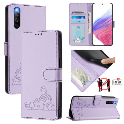 Sony Xperia 10 IV Leather Phone Case with Cat and Rat Embossed Pattern, RFID Protection, Card Holder Slots, Anti-fall Feature & Lanyard