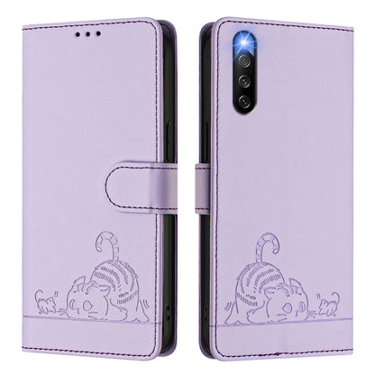 Sony Xperia 10 IV Leather Phone Case with Cat and Rat Embossed Pattern, RFID Protection, Card Holder Slots, Anti-fall Feature & Lanyard