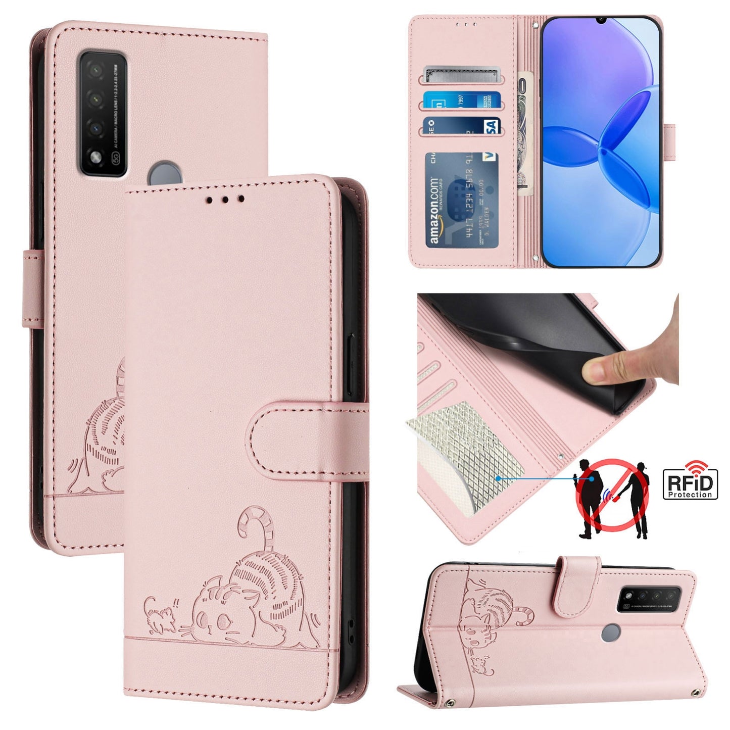 TCL 20 R Leather Phone Case with Cat and Rat Embossed Pattern, RFID Protection, Card Holder Slots, Anti-fall Feature & Lanyard