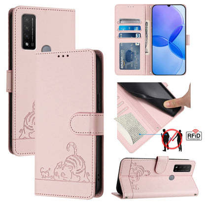 TCL 20 R Leather Phone Case with Cat and Rat Embossed Pattern, RFID Protection, Card Holder Slots, Anti-fall Feature & Lanyard