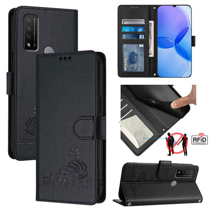 TCL 20 R Leather Phone Case with Cat and Rat Embossed Pattern, RFID Protection, Card Holder Slots, Anti-fall Feature & Lanyard