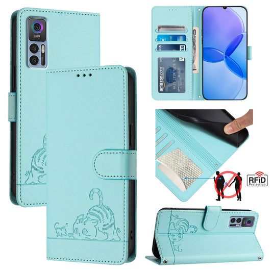 TCL 30+ Leather Phone Case with Cat and Rat Embossed Pattern, RFID Protection, Card Holder Slots, Anti-fall Feature & Lanyard