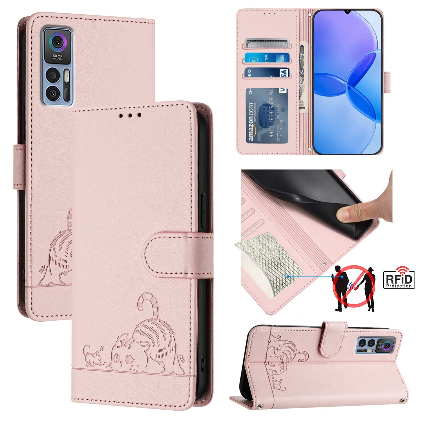 TCL 30 Leather Phone Case with Cat and Rat Embossed Pattern, RFID Protection, Card Holder Slots, Anti-fall Feature & Lanyard