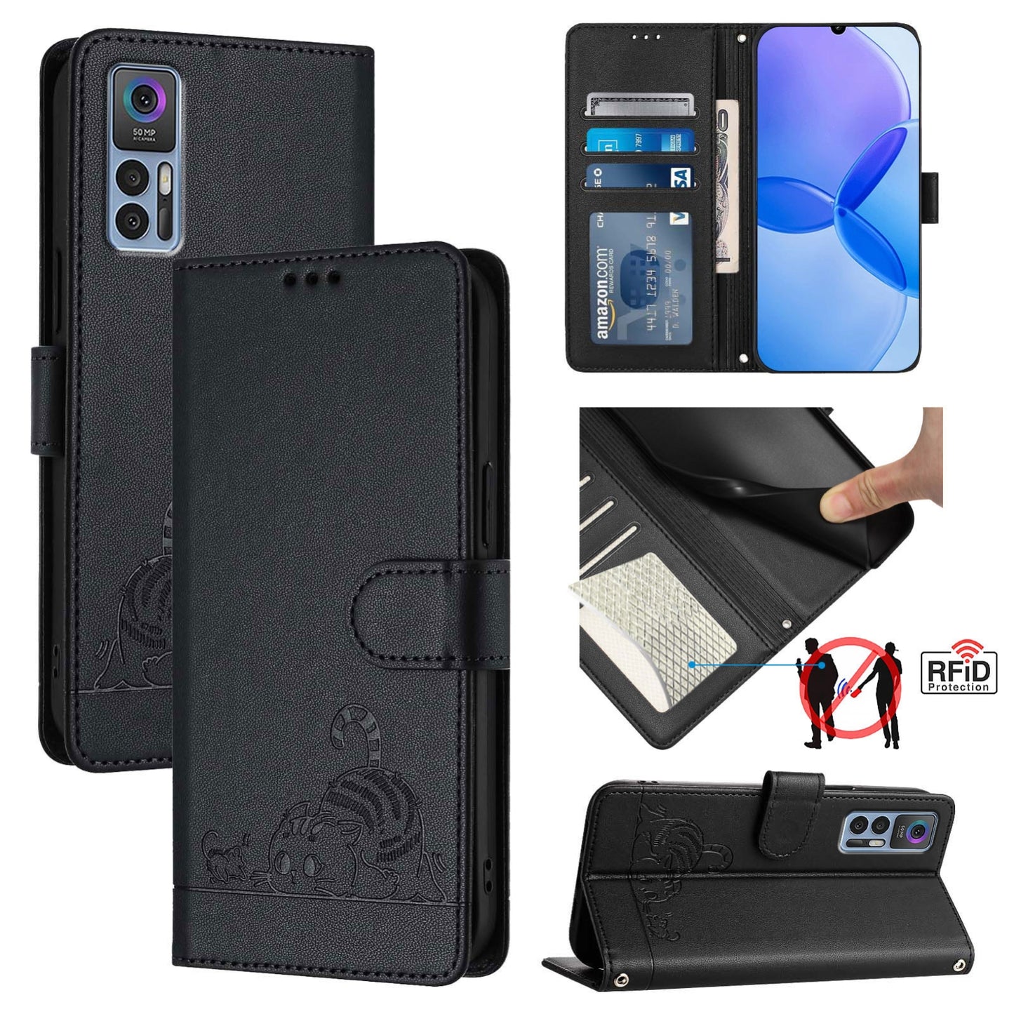 TCL 30+ Leather Phone Case with Cat and Rat Embossed Pattern, RFID Protection, Card Holder Slots, Anti-fall Feature & Lanyard