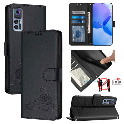 TCL 30 5G Leather Phone Case with Cat and Rat Embossed Pattern, RFID Protection, Card Holder Slots, Anti-fall Feature & Lanyard
