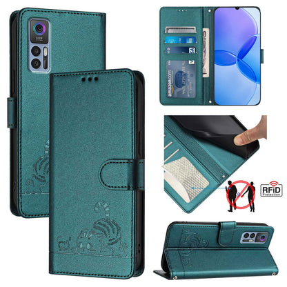 TCL 30 Leather Phone Case with Cat and Rat Embossed Pattern, RFID Protection, Card Holder Slots, Anti-fall Feature & Lanyard
