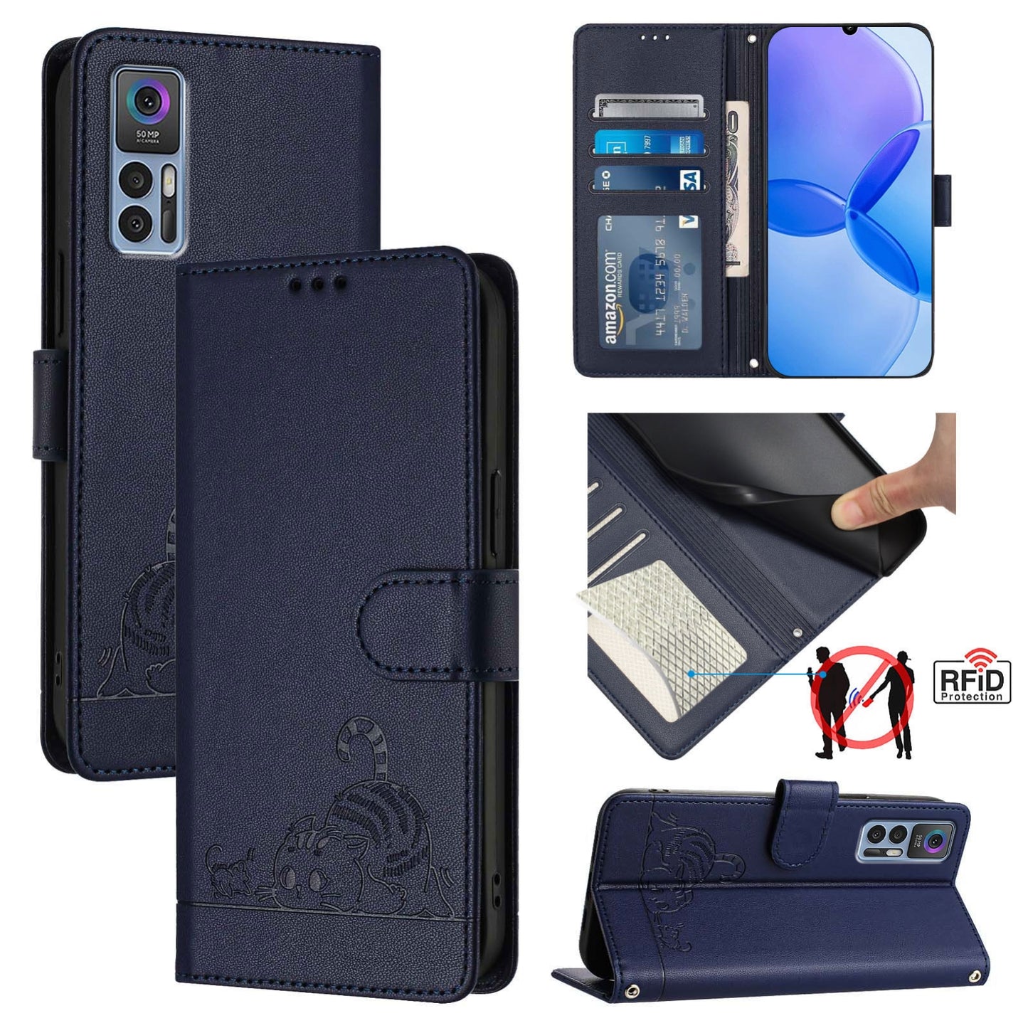 TCL 30+ Leather Phone Case with Cat and Rat Embossed Pattern, RFID Protection, Card Holder Slots, Anti-fall Feature & Lanyard