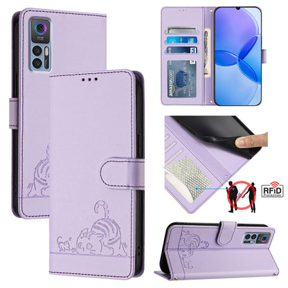 TCL 30 5G Leather Phone Case with Cat and Rat Embossed Pattern, RFID Protection, Card Holder Slots, Anti-fall Feature & Lanyard