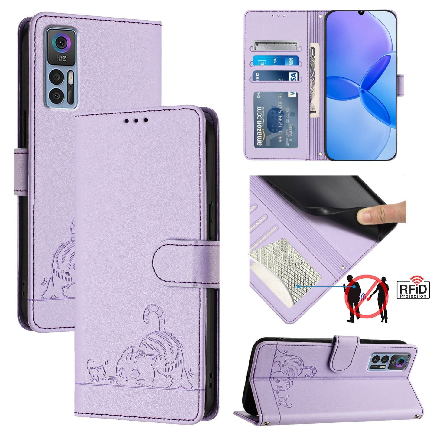 TCL 30 Leather Phone Case with Cat and Rat Embossed Pattern, RFID Protection, Card Holder Slots, Anti-fall Feature & Lanyard
